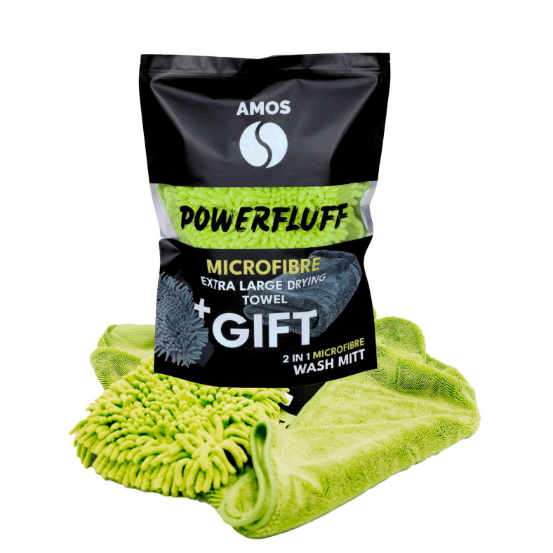 pachet amos powerfluff verde lime cu prosop microfibra si manusa cadou
